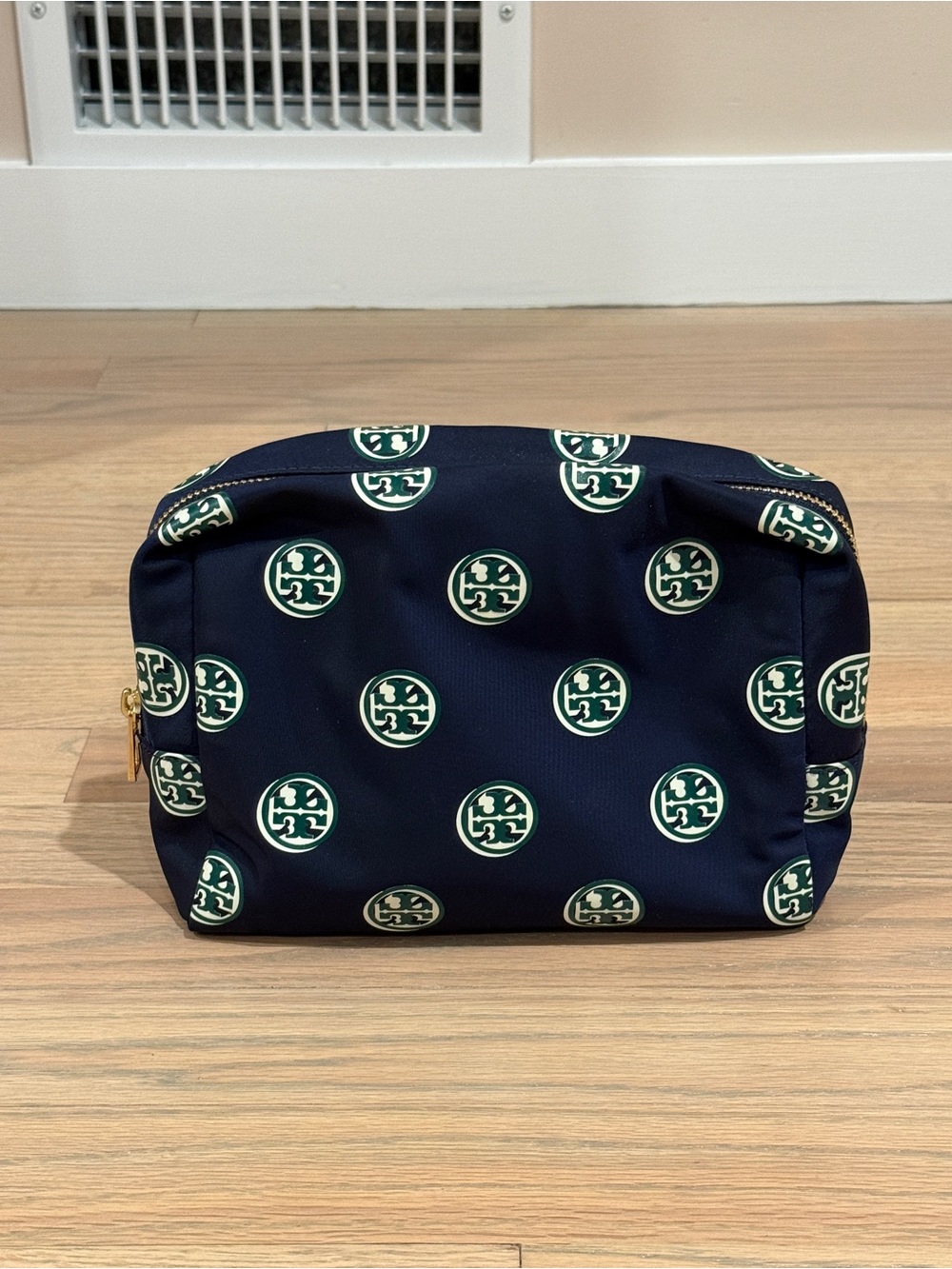 Tory Burch Navy Cosmetic Pouch with Green Logo Print